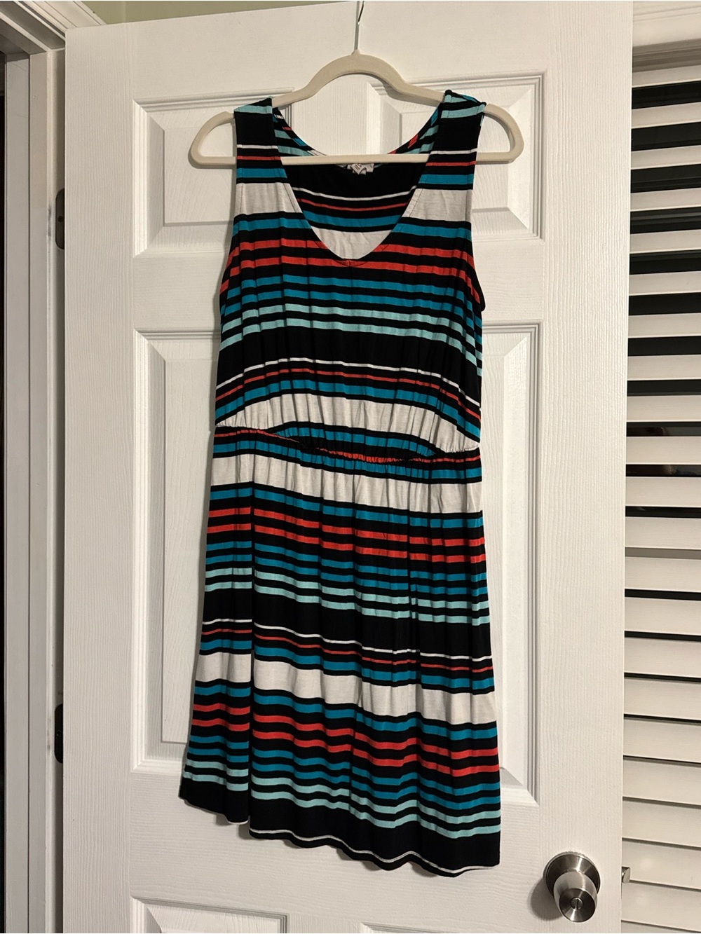 Striped Sleeveless A-Line Dress in Black, Teal & Coral